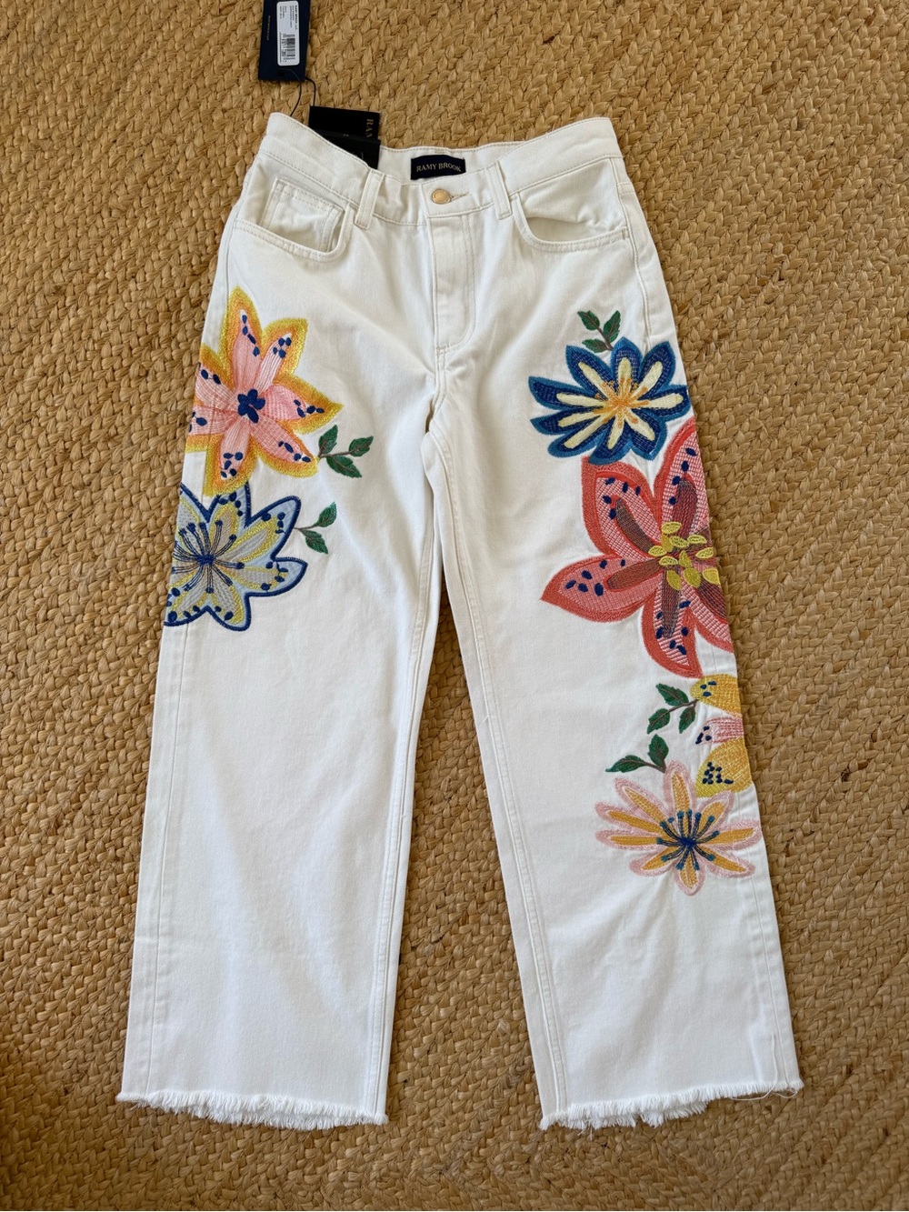 NEW Ramy Brook White Jeans with Multicolor Floral Embroidery